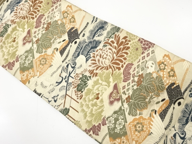 JAPANESE KIMONO / ANTIQUE MARU OBI / WOVEN CRANE & PEONY